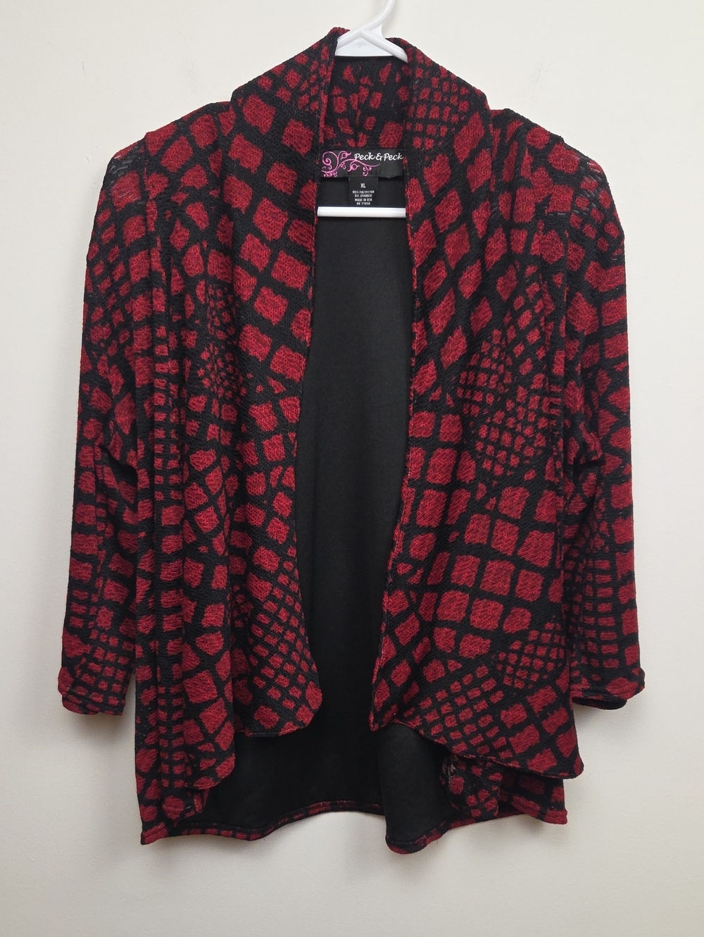 Y2K Red & Black Abstract Geometric Open Front Women’s Sweater Cardigan Blazer XL